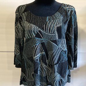 Notations Petite Lg Knit Top 3/4 Length Sleeves Metallic Thread Accents Abstract